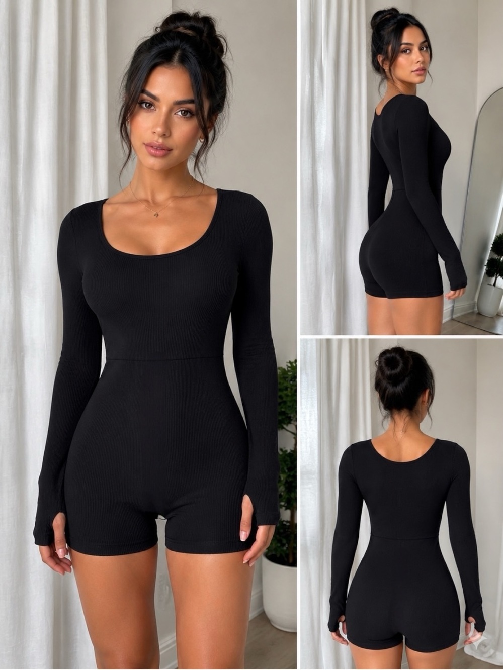 OQQ Black Ribbed Unitard Romper Thumb Hole Long Sleeve Size L